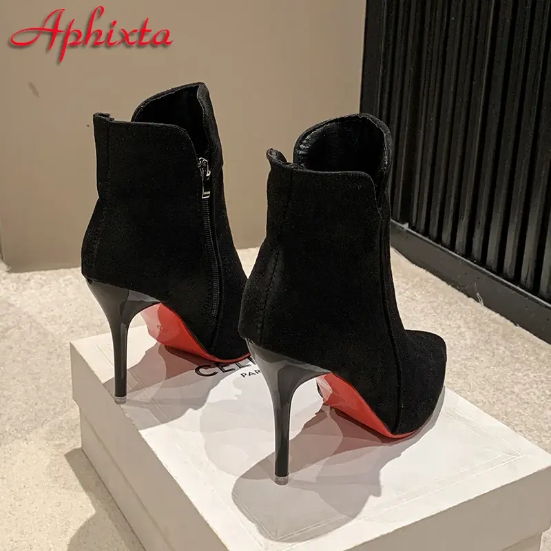 थंबनेल: Aphixta 10cm Stilettos Winter Red Heels Zip Warm Black Ankle Boots Women Flock