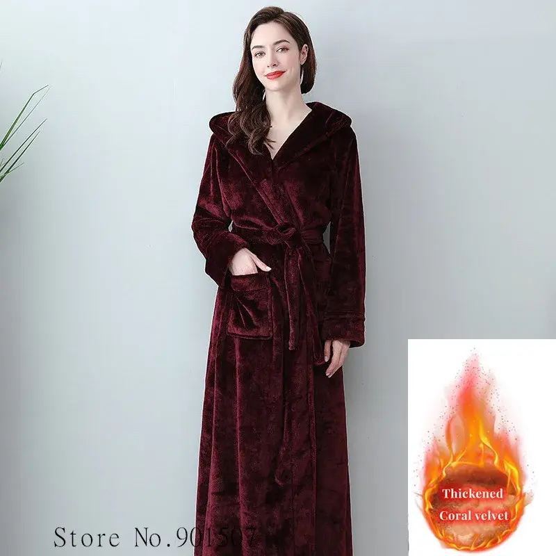 Miniature : Extra Long Winter Coral Fleece Bathrobe Women Hooded Warm Kimono Bath Robe Cozy