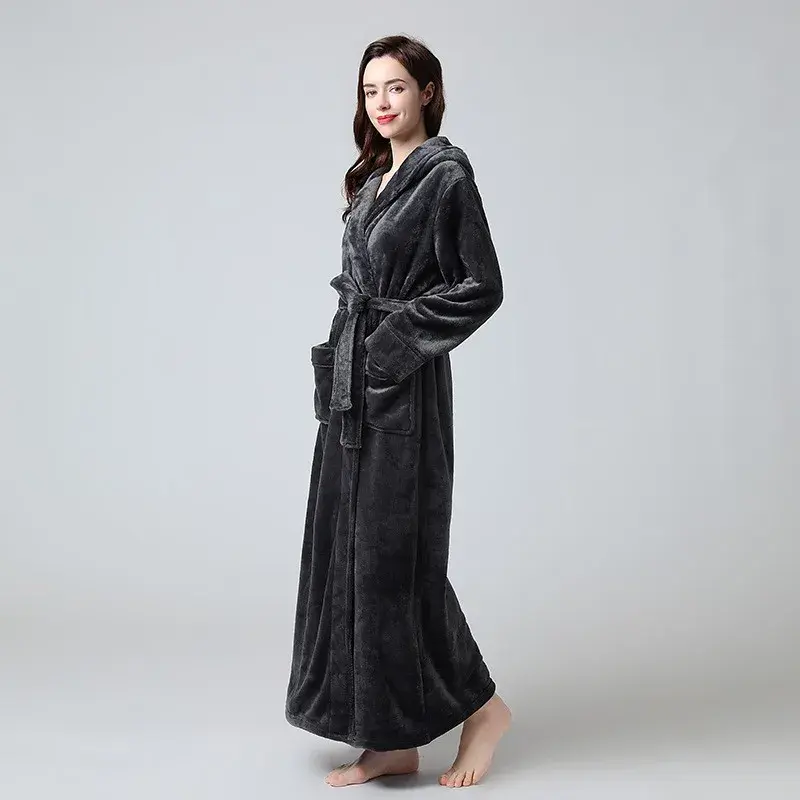 Miniatura: Extra Long Winter Coral Fleece Bathrobe Women Hooded Warm Kimono Bath Robe Cozy