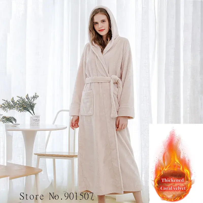 Miniatura: Extra Long Winter Coral Fleece Bathrobe Women Hooded Warm Kimono Bath Robe Cozy