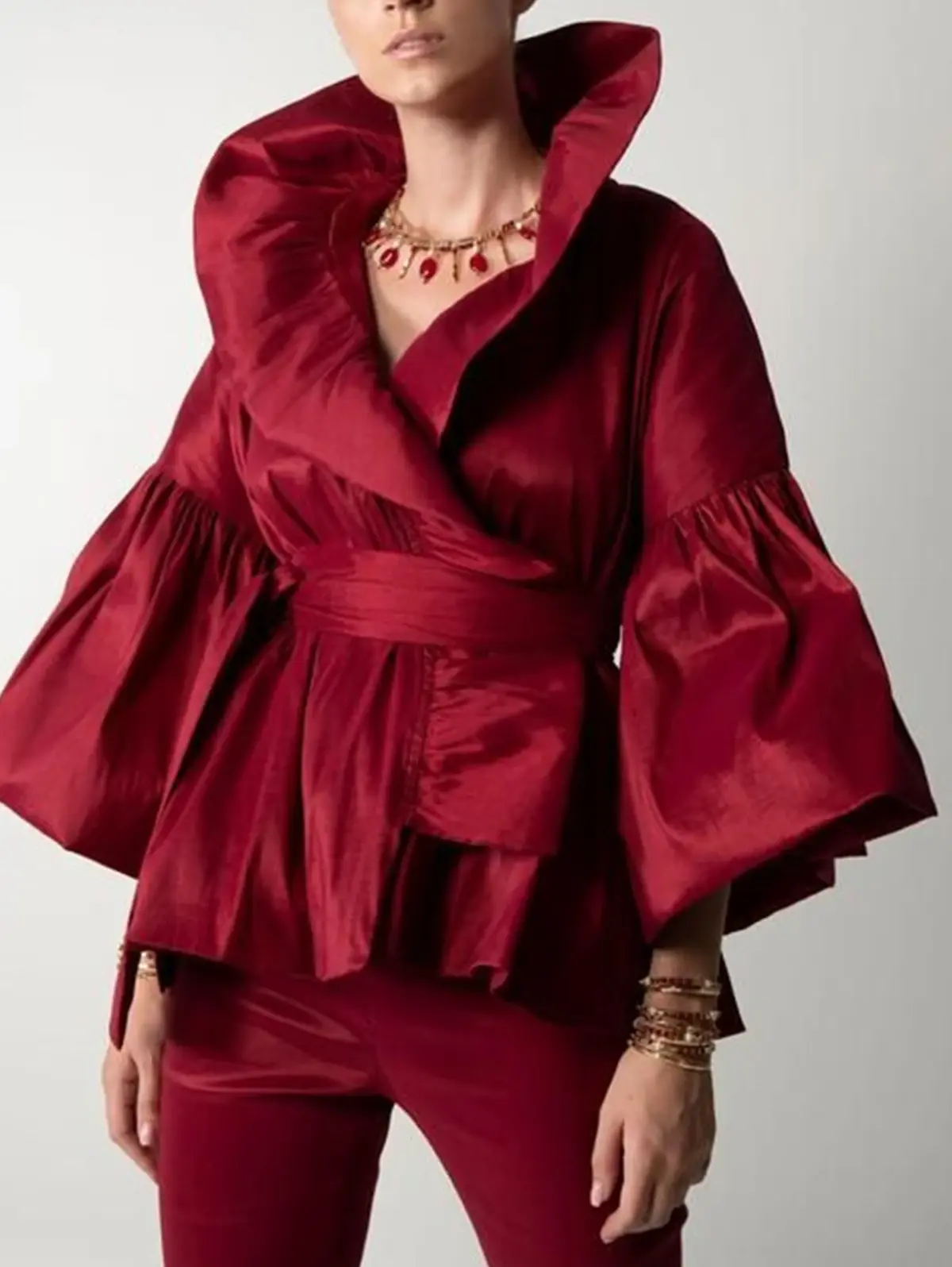 Casual Puff Long Sleeve Ruffles Blouse Office Lady Solid Color Women Wrap