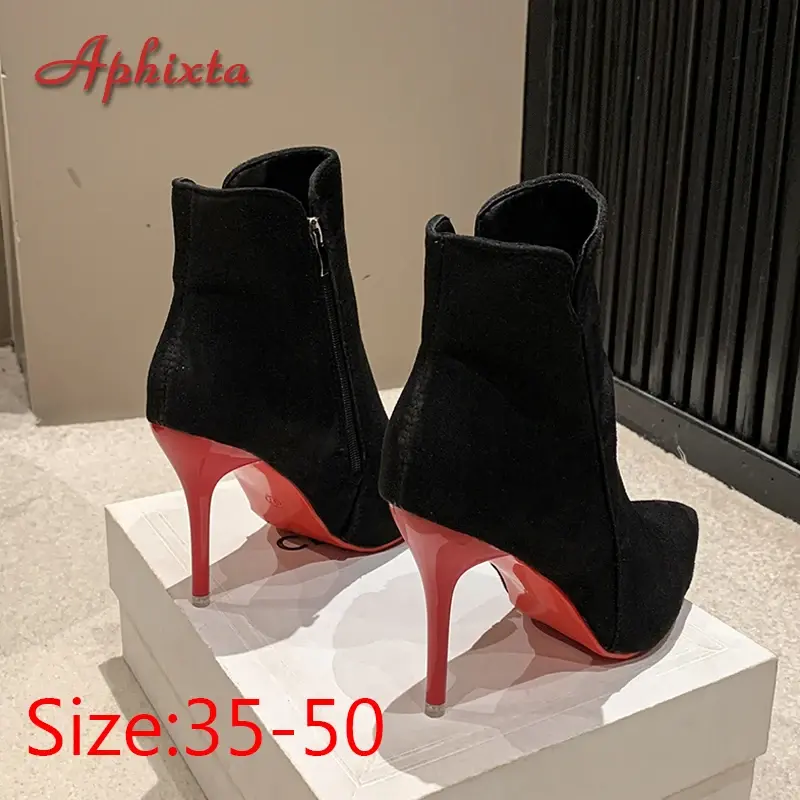 Aphixta 10cm Stilettos Winter Red Heels Zip Warm Black Ankle Boots Women Flock