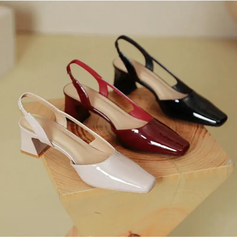 Thumbnail: Patent Leather Chunky Sandals Women Square Toe Pumps Elegant Office Women Shoes