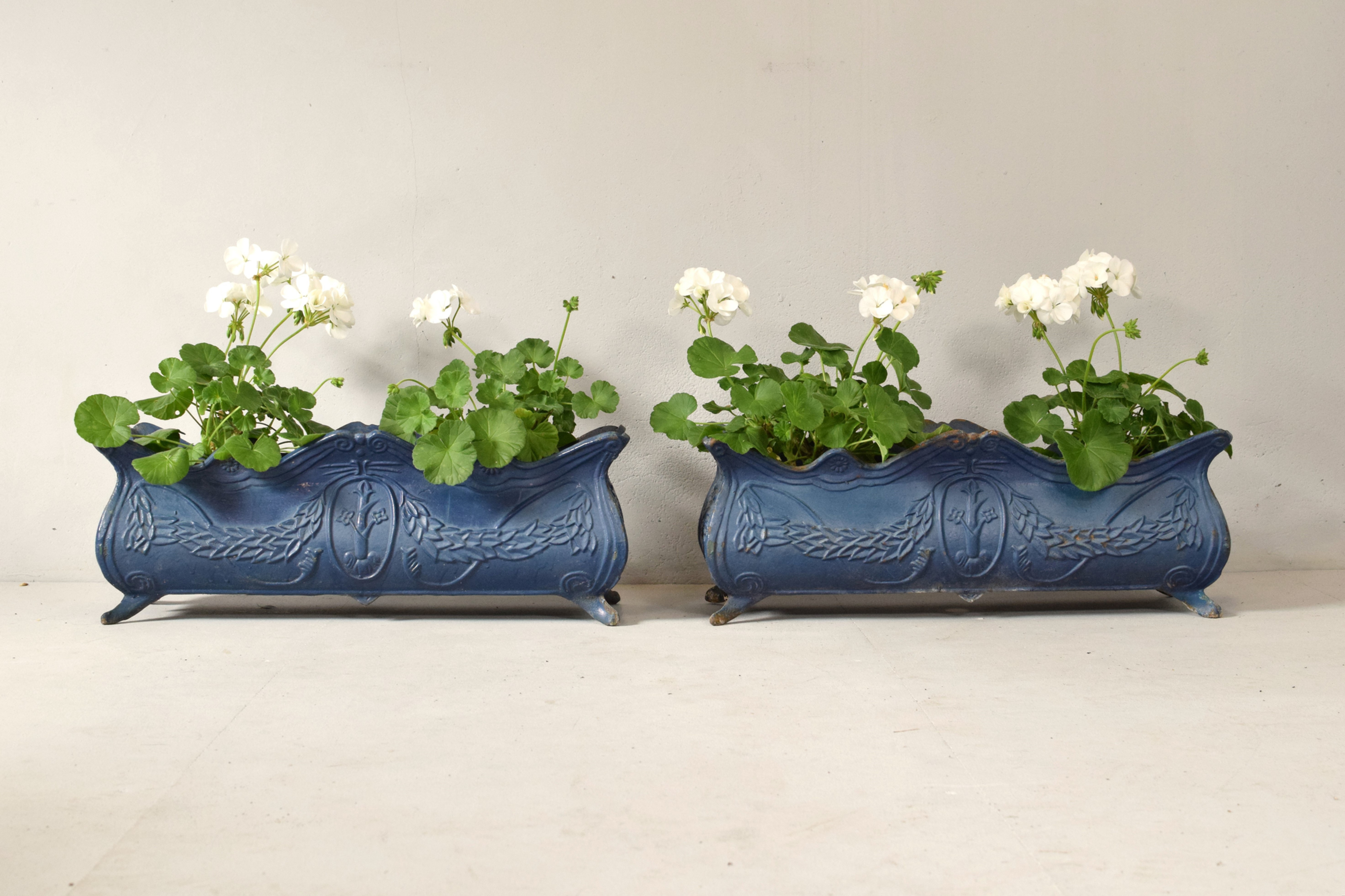 Blue Jardinieres planters front view.