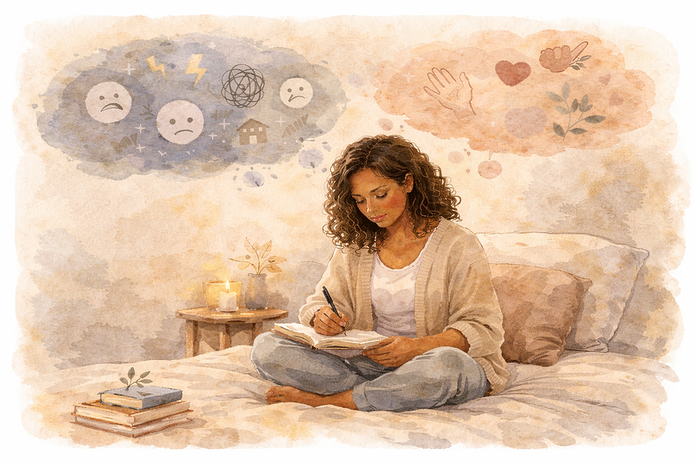Woman journaling on bed with thought bubbles; one shows stress symbols, other shows positivity. Candle and books nearby. Calm setting.