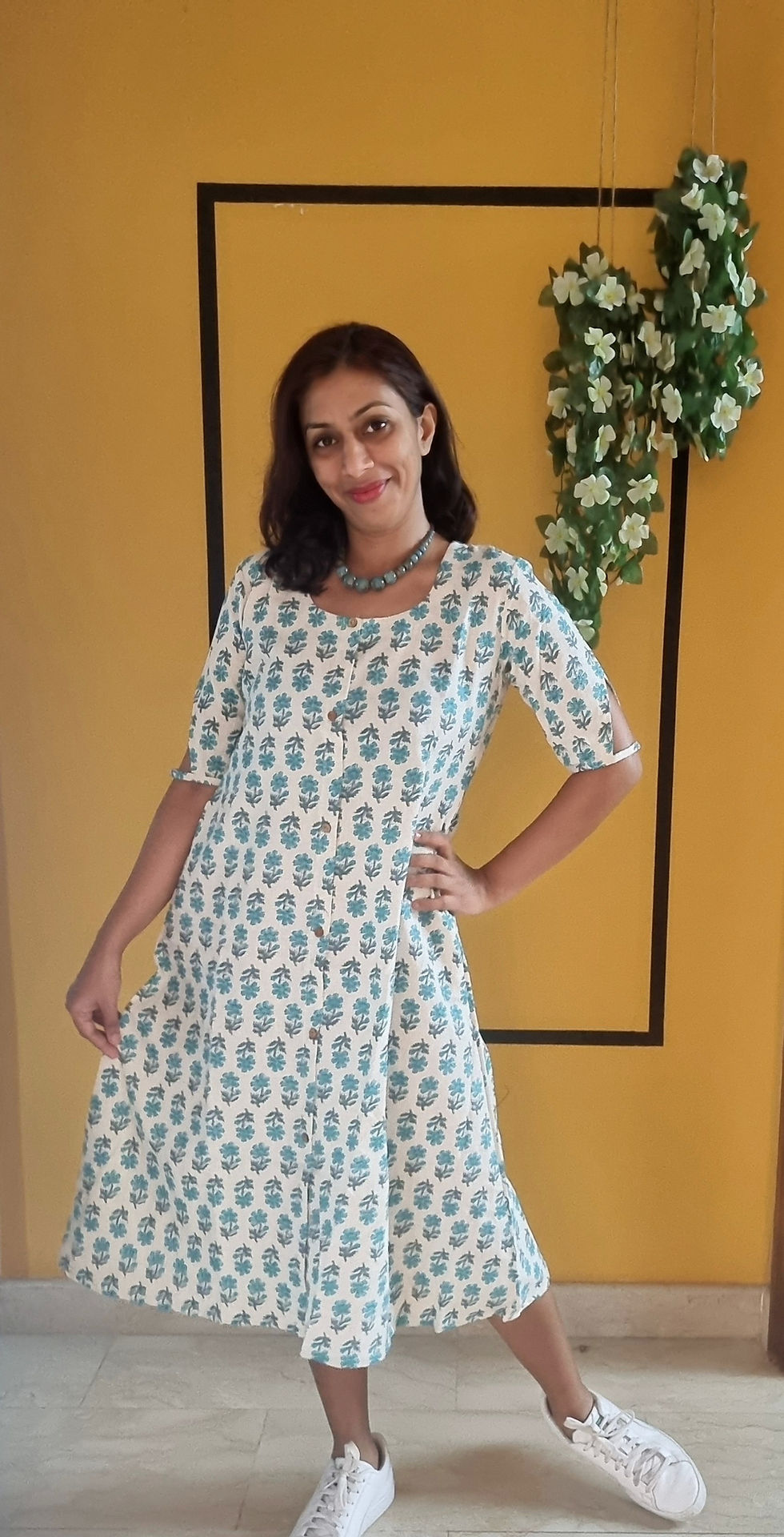 Cotton Flex Dress - White and Blue