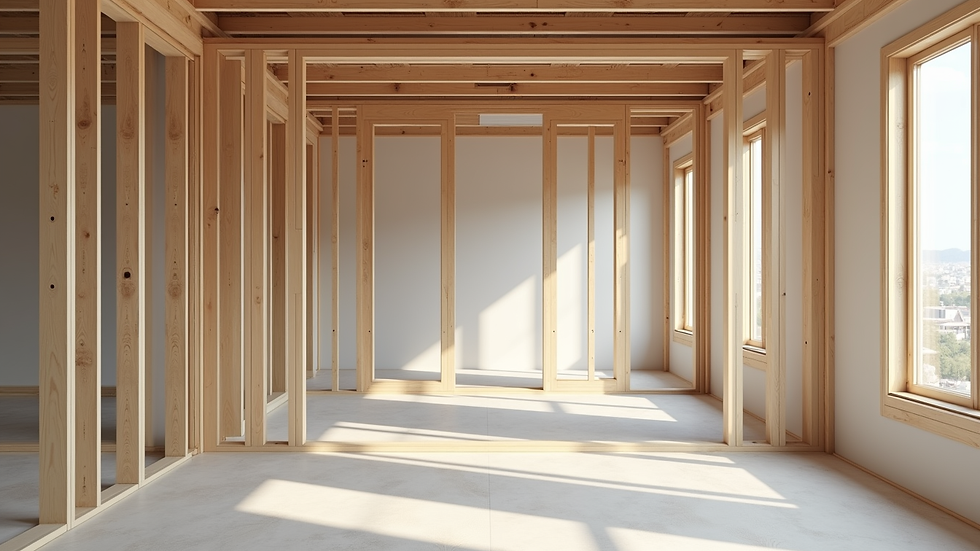 Wide angle view of a partially completed custom home interior with framing
