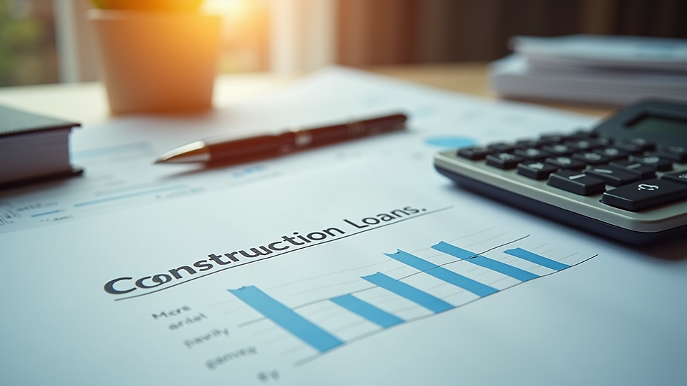 High angle view of construction loan documents and calculator on a desk