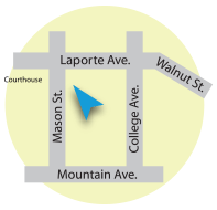 Graphic map depicting the Old Town Larimer Health Connect office - arrow pointing slightly below the interection between Mason St. and Laporte Ave, across from the Courthouse