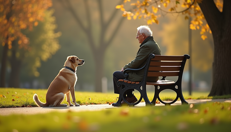Eye-level view of an elderly person sitting on a park bench with a dog by their side