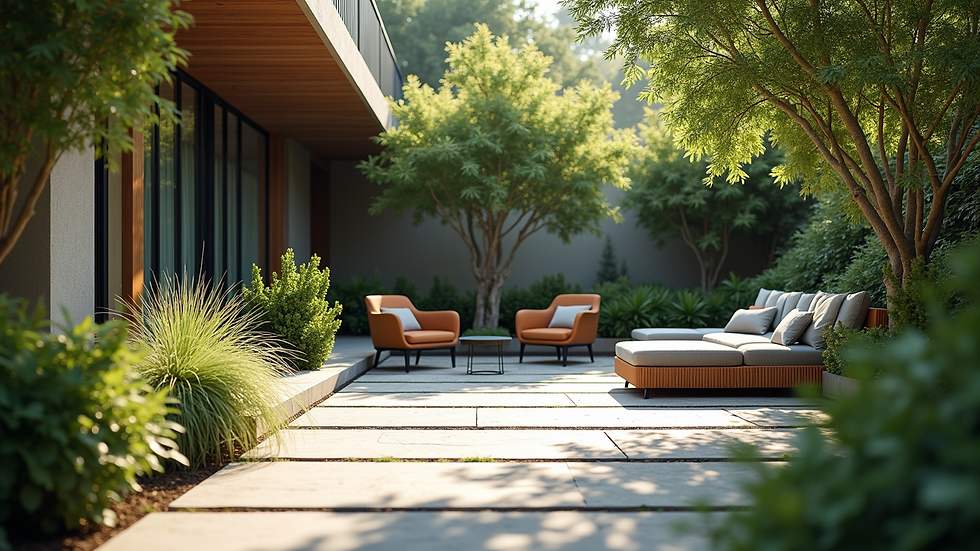Eye-level view of a stone patio with modern outdoor furniture and surrounding greenery