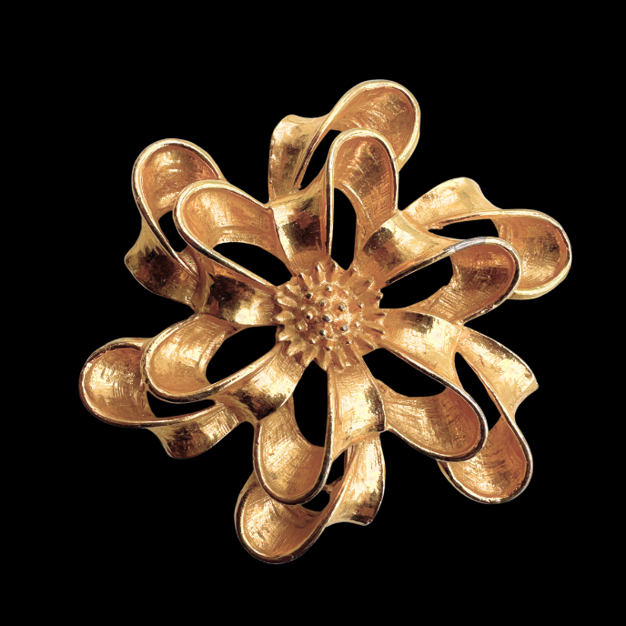 Thumbnail: MIDCENTURY – HUGE Vintage French Gold Gilt Ribbon-Flower BROOCH