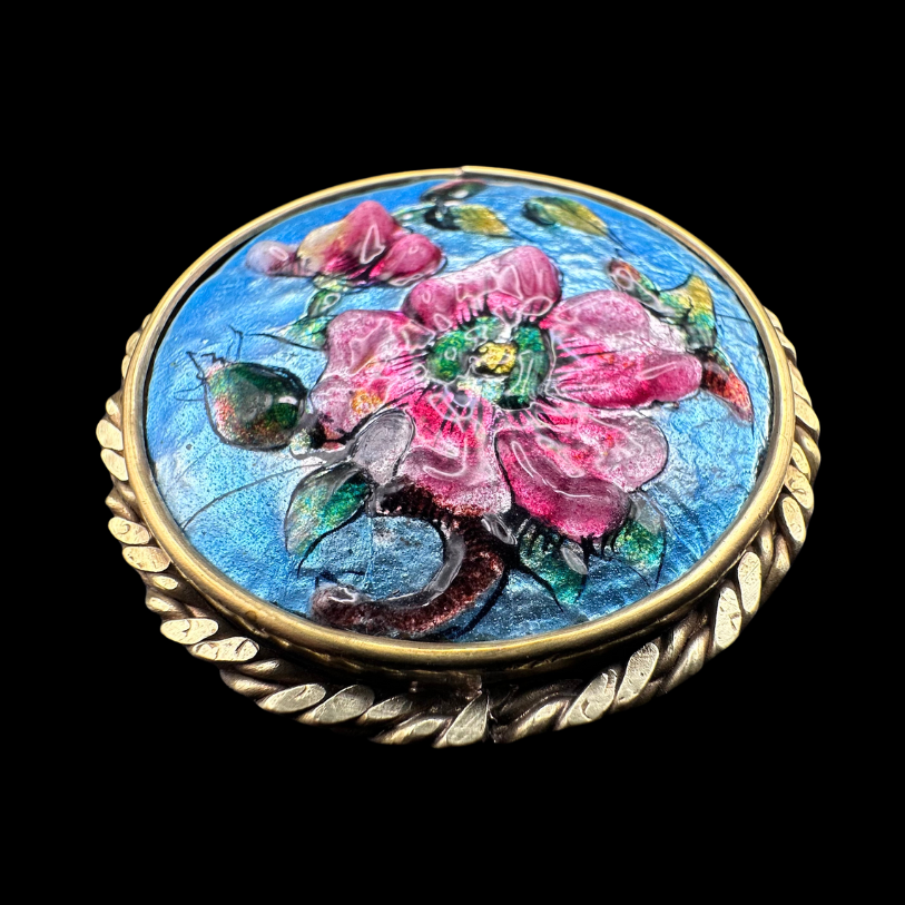 Thumbnail: ART NOUVEAU – Large SIGNED French LIMOGES Enamel WILD ROSES Brooch