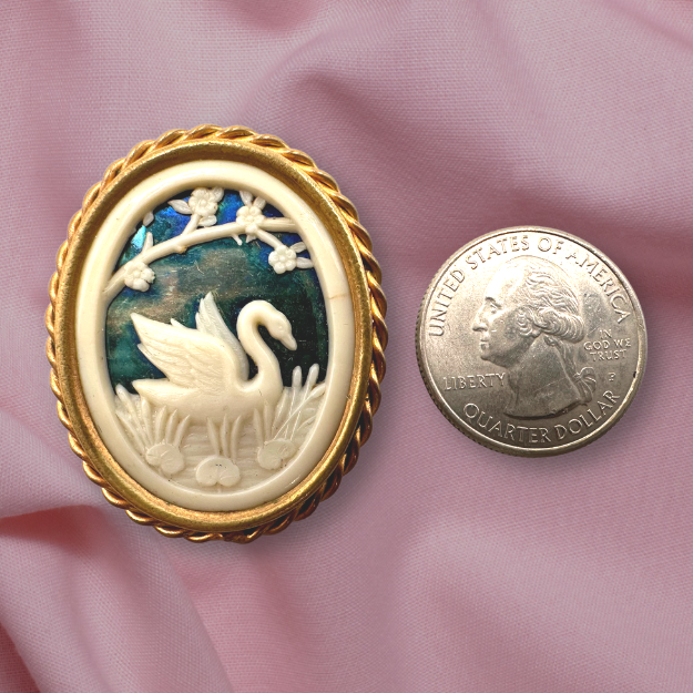 Thumbnail: ART NOUVEAU – French Antique Carved Celluloid SWAN Brooch