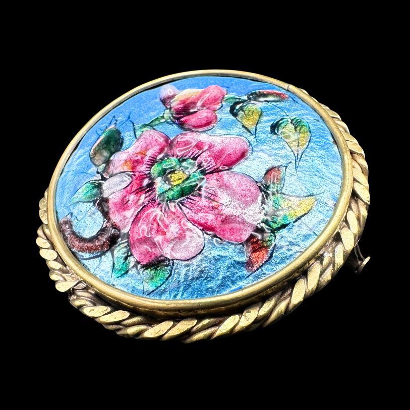 Thumbnail: ART NOUVEAU – Large SIGNED French LIMOGES Enamel WILD ROSES Brooch