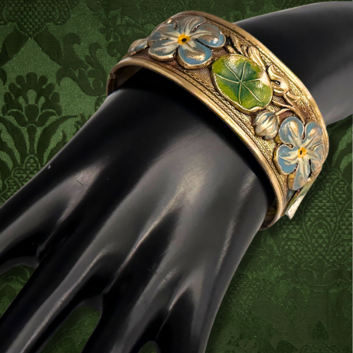 Thumbnail: ART NOUVEAU – Large Antique French WATER LILIES Enamel and Gilt Bangle