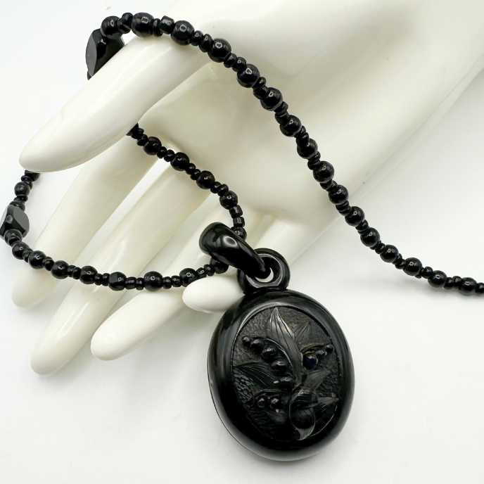 Thumbnail: VICTORIAN - Antique WHITBY JET Lily-of-the-Valley Hand-Carved LOCKET & Necklace