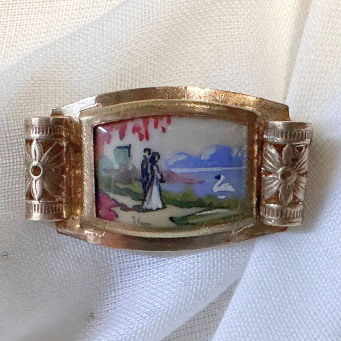 Thumbnail: ART DECO – Antique French Signed HANDPAINTED Couple with Swan BROOCH