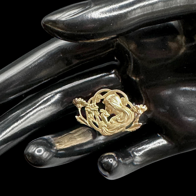 Thumbnail: ART NOUVEAU – SIGNED French Antique 18K Rolled Gold “FIX” BROOCH by Emile DROPSY