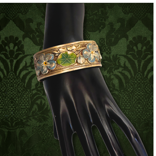 Thumbnail: ART NOUVEAU – Large Antique French WATER LILIES Enamel and Gilt Bangle
