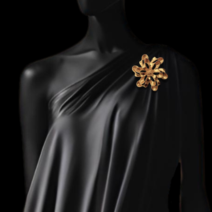Thumbnail: MIDCENTURY – HUGE Vintage French Gold Gilt Ribbon-Flower BROOCH