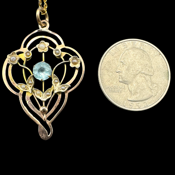 Thumbnail: ART NOUVEAU – Antique French 9kt Gold, AQUAMARINE & PEARL Floral Pendant