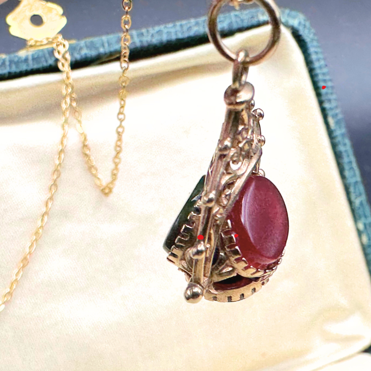 Thumbnail: VICTORIAN – Neogothic 9k Gold and 3 Stone SPINNER FOB (Carnelian, Bloodstone & O