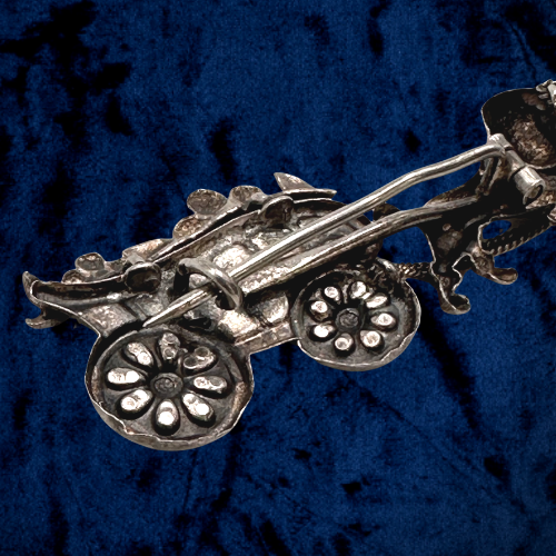Thumbnail: VICTORIAN – French Antique DOG PULLING SLED Silver REPOUSSÉ Brooch