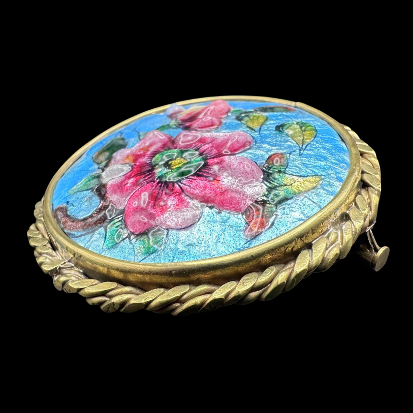 Thumbnail: ART NOUVEAU – Large SIGNED French LIMOGES Enamel WILD ROSES Brooch
