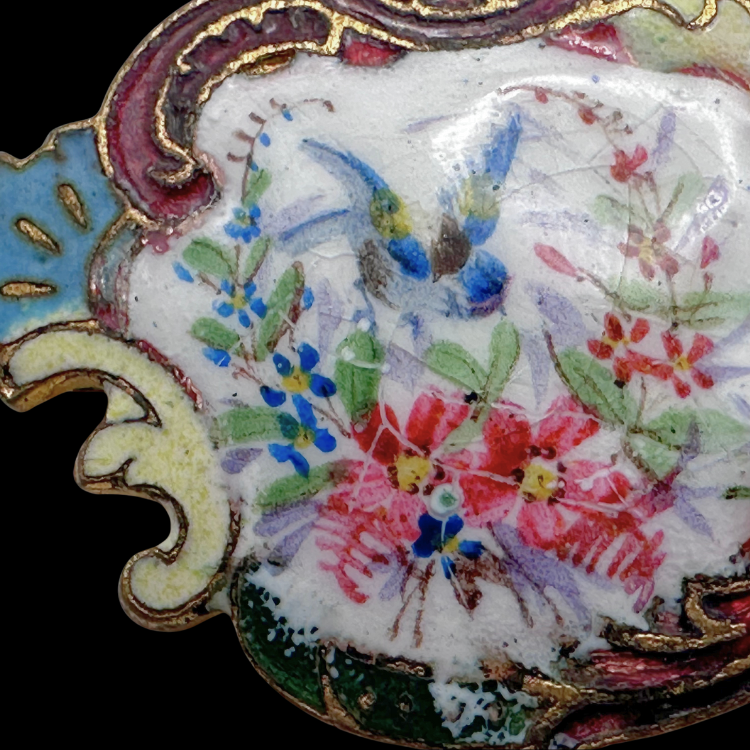 Thumbnail: GEORGIAN - Antique French Handpainted Gilt & Enamel BIRD & FLOWERS Brooch