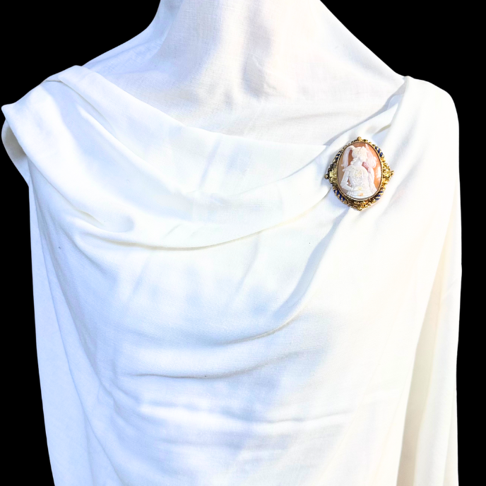 Thumbnail: VICTORIAN – Large Museum-Quality 18k Gold & Enamel JOAN of ARC Cameo Brooch-Pend