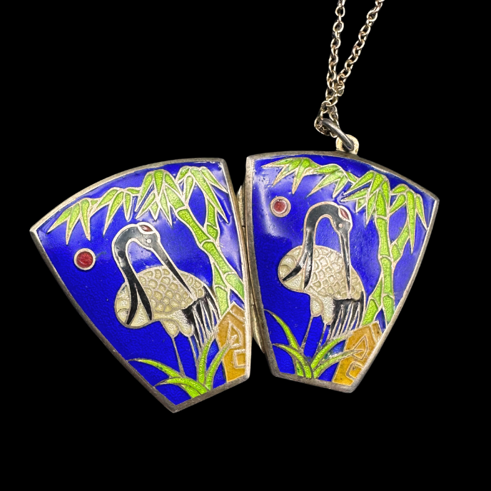 Thumbnail: ART NOUVEAU – French Antique Enamel Crane LOCKET Pendant