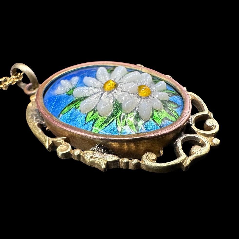 Thumbnail: ART NOUVEAU -  Signed LIMOGES Enamel DAISIES Pendant