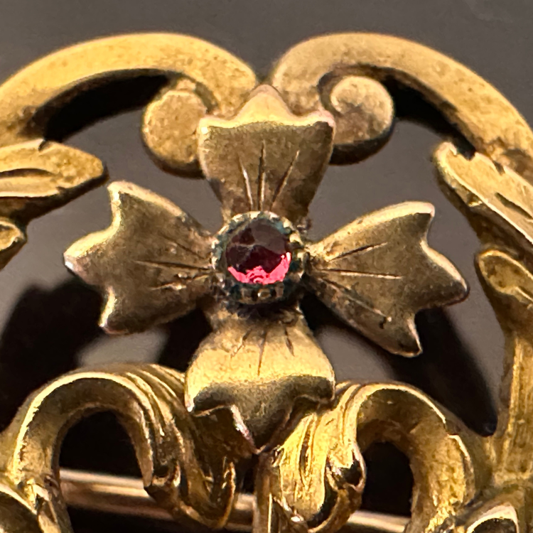 Thumbnail: EDWARDIAN–18K Rolled-Gold, Ruby, Diamond & Seed Pearl Pendant-Brooch