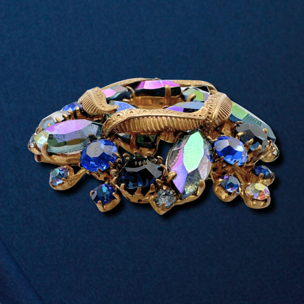 Thumbnail: MIDCENTURY – French AURORA BOREALIS Crystal BROOCH in Peacock Tones