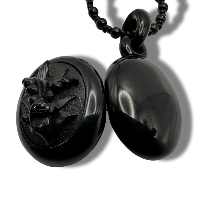 Thumbnail: VICTORIAN - Antique WHITBY JET Lily-of-the-Valley Hand-Carved LOCKET & Necklace