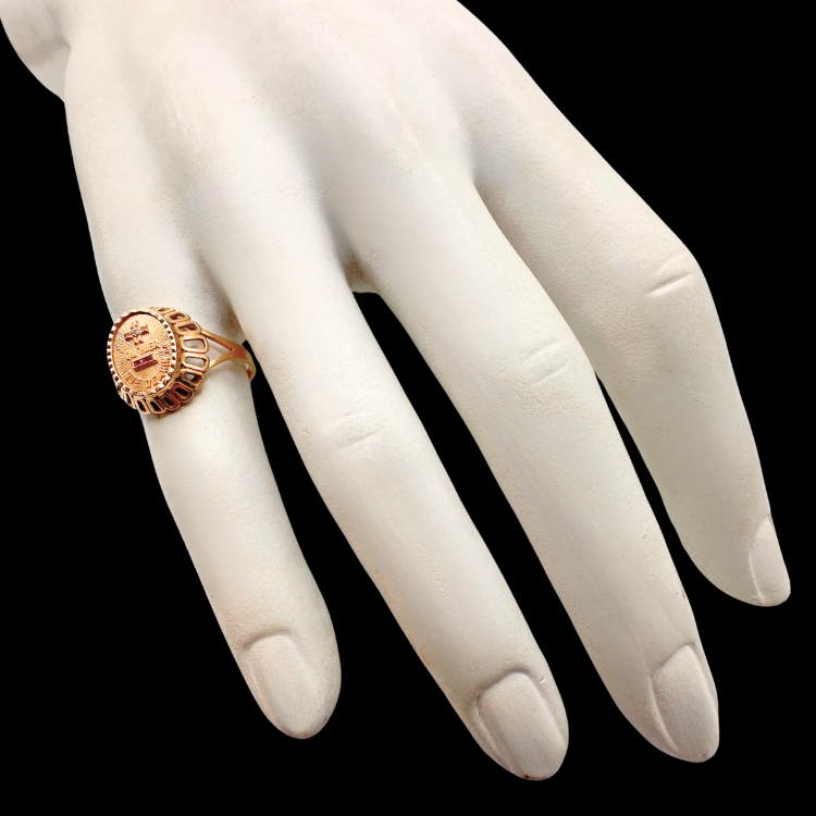Thumbnail: EARLY 1900s – RARE French Signed AUGIS "Love Medal" 18k, Diamond & Ruby RING