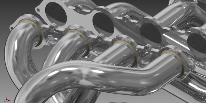 4 in to 1 Jaguar V8 exhaust manifold CAD design close up