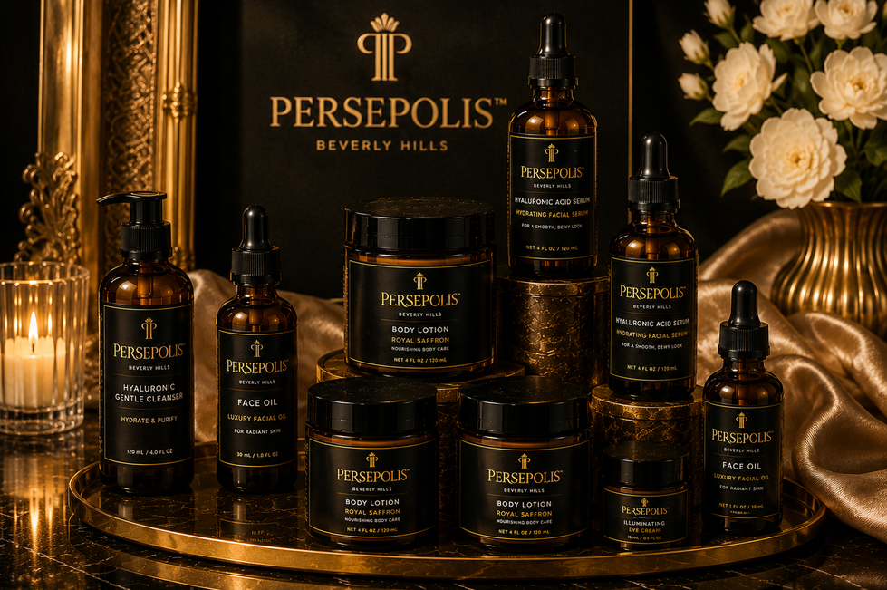 PERSEPOLIS Beauty luxury skincare and cosmetics collection featuring hydrating facial serum, luxury face oil, royal saffron body lotion, and refined body care products in an elegant Beverly Hills setting.