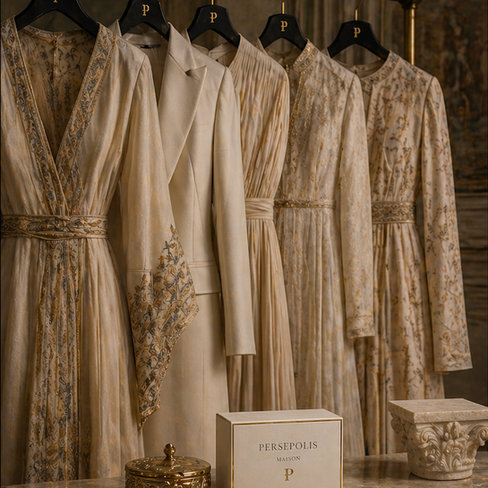Luxury couture fashion featuring gowns, tailored jackets, dresses, eveningwear and signature silhouettes crafted for timeless presence. Designed for couture fashion, luxury dresses, designer gowns, Beverly Hills fashion, Paris-inspired elegance and modern royal style. PERSEPOLIS™ Maison should feel architectural, graceful and worthy of a luxury house runway. Each image should make PERSEPOLIS™ appear timeless, powerful and beautifully composed. Inspired by Persepolis, a symbol of royal design, structure and imperial elegance in fashion expression. Luxury couture by House of PERSEPOLIS™, the Architect of Prestige, crafted for timeless presence.