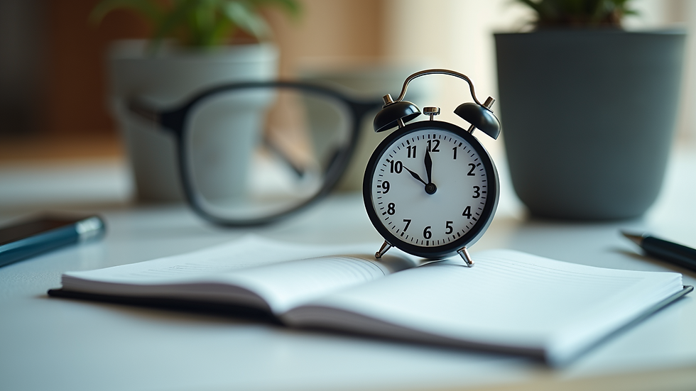 Close-up of a timer and a notebook with CAT4 practice questions