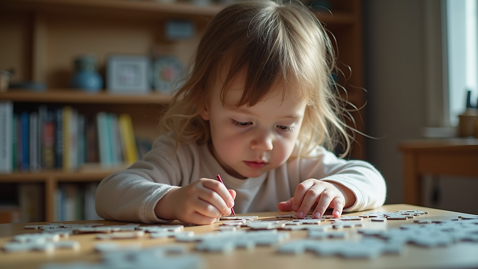 High angle view of a child solving puzzles with a focused expression