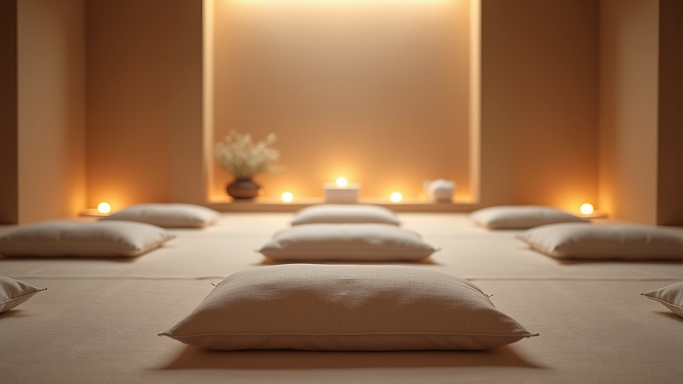 Eye-level view of a tranquil meditation space with soft cushions and warm lighting