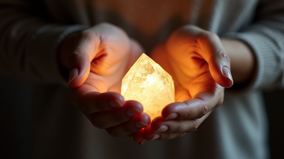 Close-up view of hands gently holding a glowing crystal, symbolizing energy healing