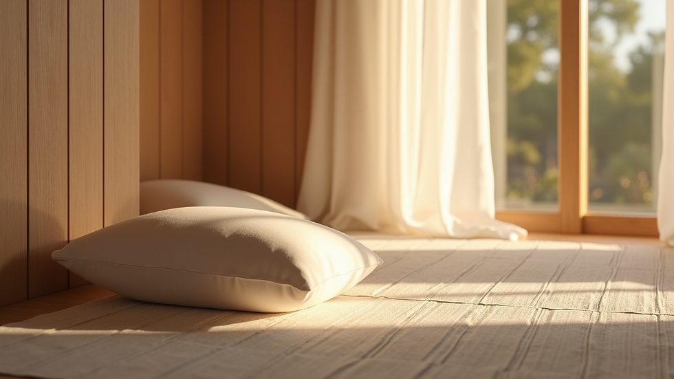 Eye-level view of a serene meditation corner with cushions and soft lighting