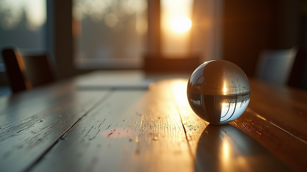 Close-up view of a softly lit crystal ball resting on a wooden table