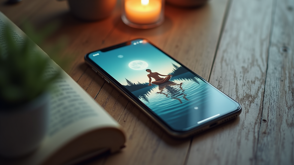 High angle view of a smartphone displaying a meditation app with calming visuals