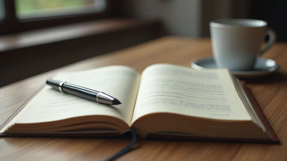 Close-up view of a journal and pen resting on a wooden table
