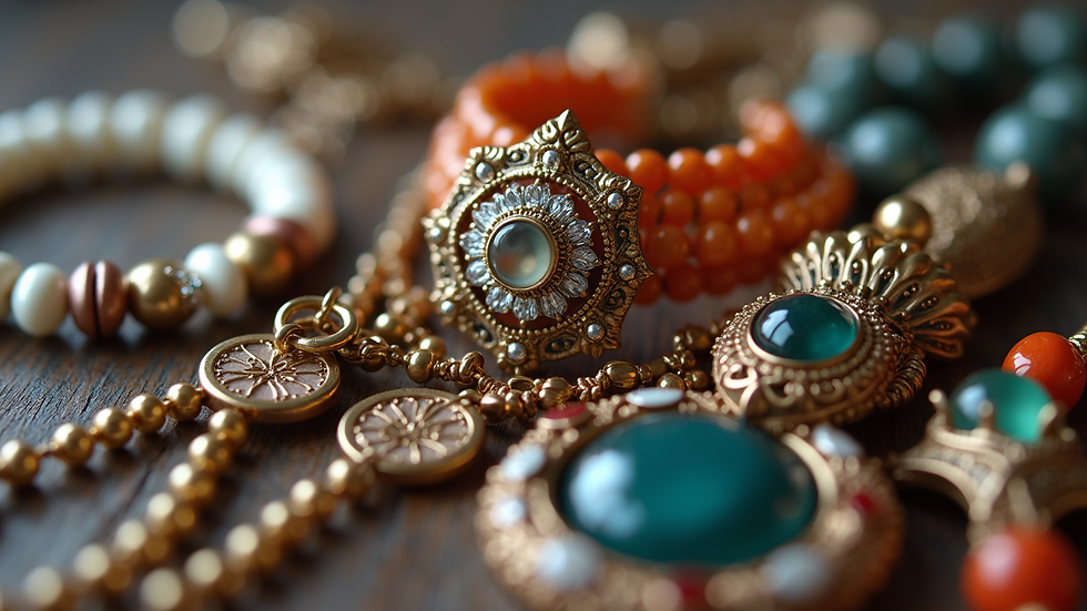 Close-up view of diverse jewelry pieces with different textures and colors