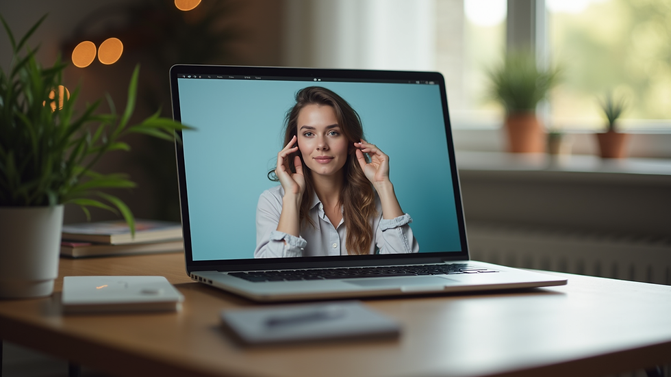 Eye-level view of a laptop on a desk with a virtual therapy session on screen